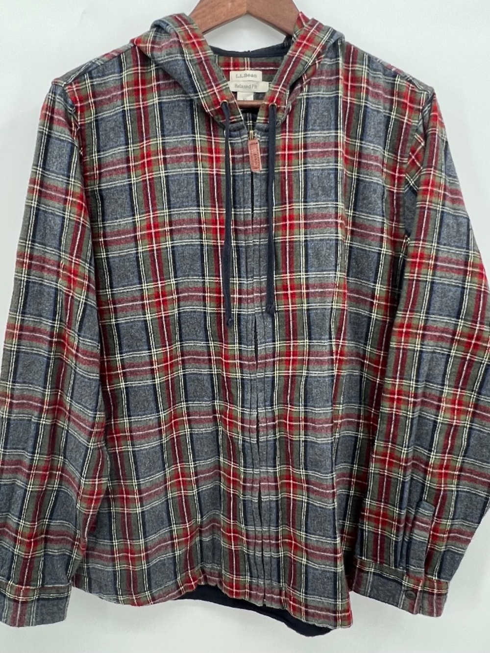 L.L. BEAN Scotch Plaid Flannel Shirt Relaxed Zip Hoodie Gray Stewart Women’s XL